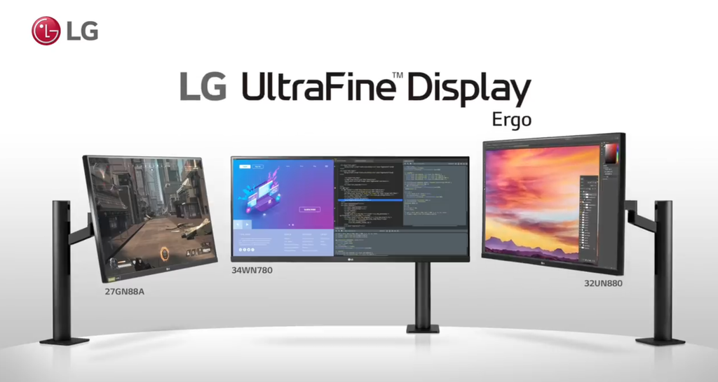 An LG UltraFine professional 5K monitor displaying a high-resolution workspace on a clean wooden desk setup
