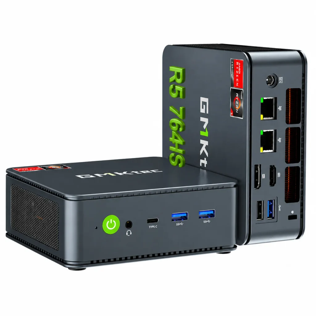 GMKtec mini PC connected on a modern workspace desk