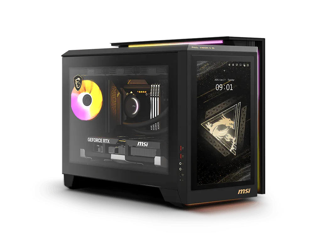 MSI MEG Vision X AI desktop tower featuring a large front vertical touch screen display with RGB lighting components.