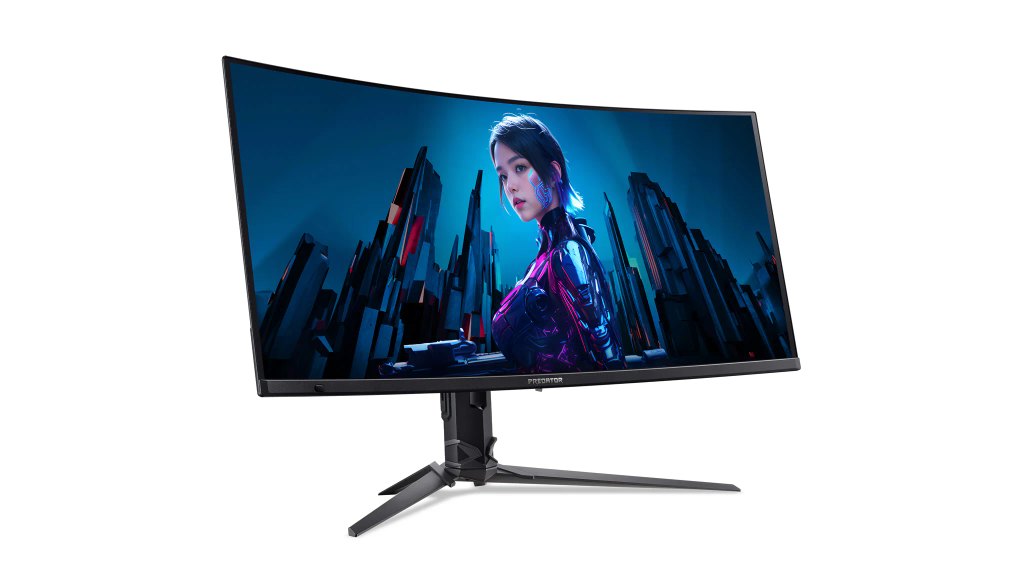 Acer Predator series curved gaming monitor displaying technical specifications and design features.