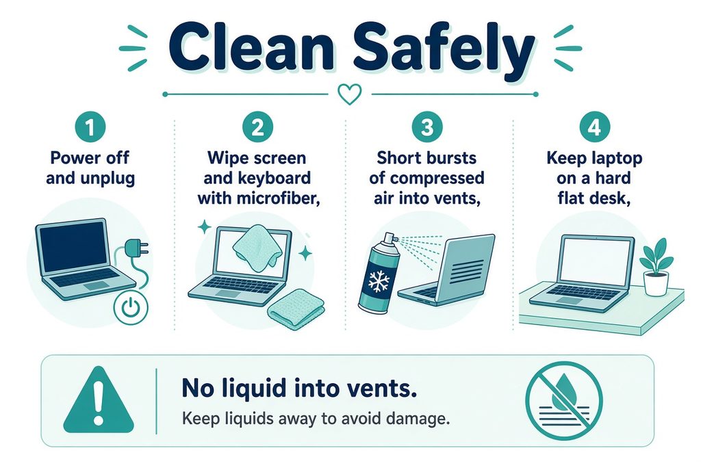 An infographic detailing four steps to safely clean a laptop: powering off, wiping with microfiber, using compressed air into vents, and keeping the laptop on a flat desk.