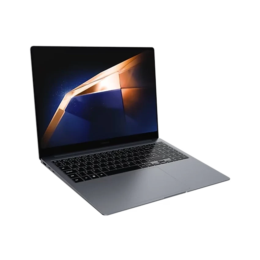 Front-right studio view of the Moonstone Gray Samsung Galaxy Book4 Ultra laptop showing its keyboard and display.