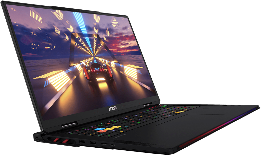 MSI Raider 18 HX gaming laptop with an active game display and RGB backlit keyboard