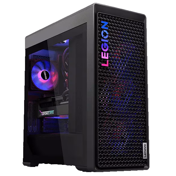 Front right view of the Lenovo Legion Tower 7i gaming desktop showcasing its mesh front panel, tempered glass side, and RGB internal lighting.
