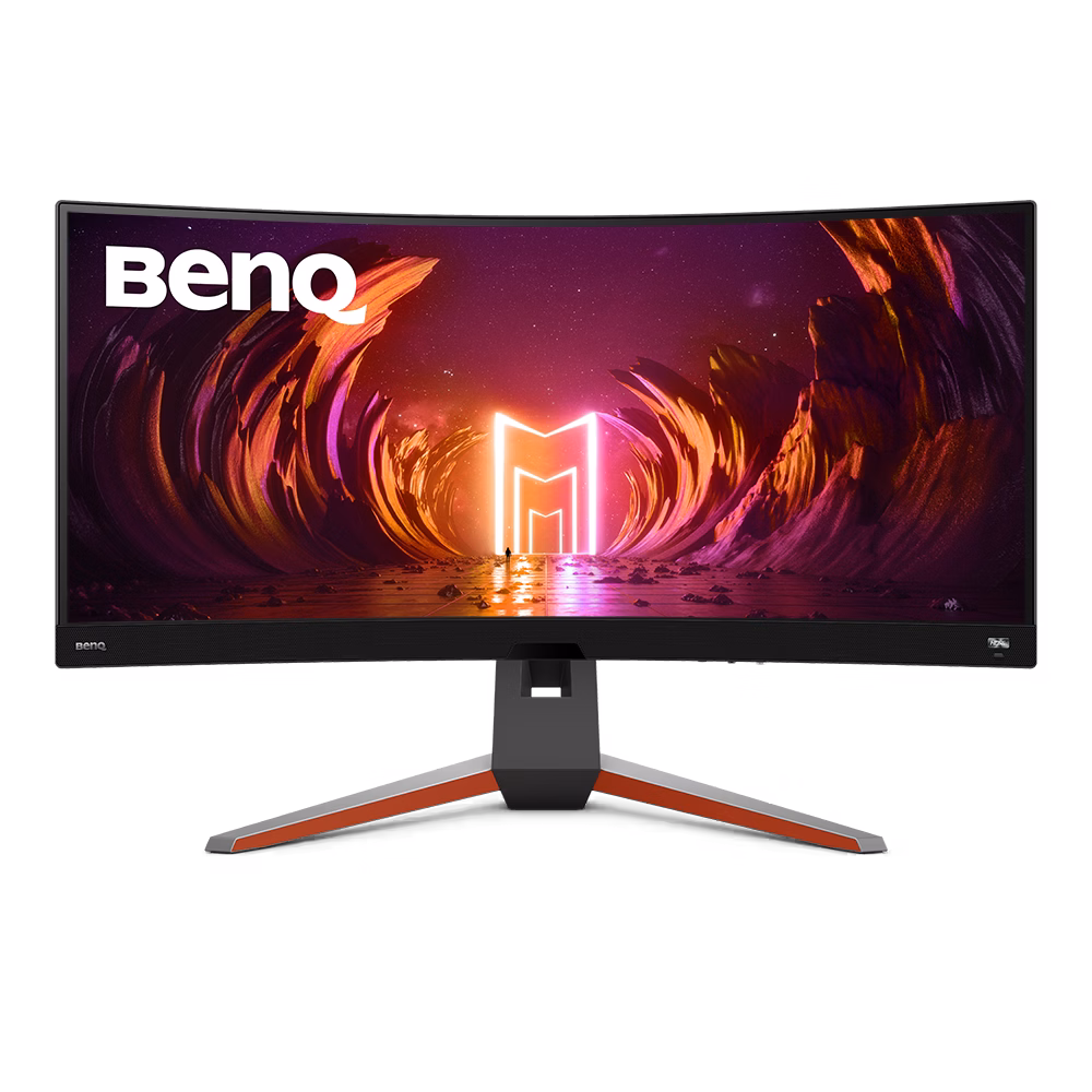 BenQ MOBIUZ series curved gaming monitor displaying technical specifications and design features.