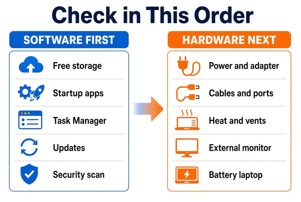 A step-by-step flowchart illustration showing the troubleshooting order for PC hardware and software issues.