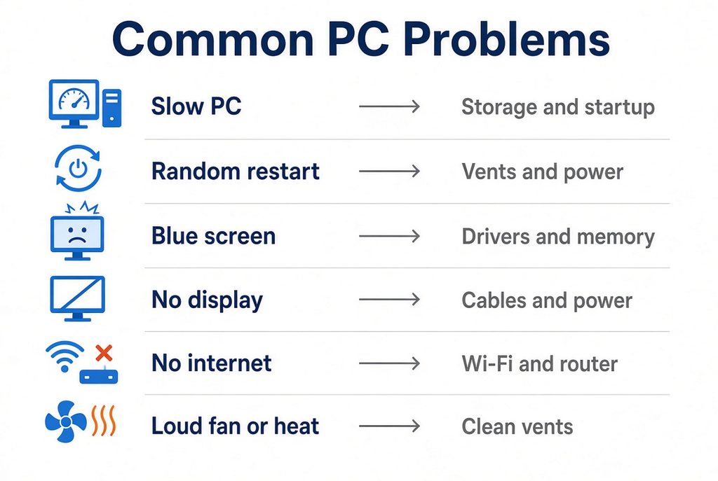 A flowchart diagram matching common PC problems with their primary causes, such as Slow PC to storage, Blue screen to drivers, and Loud fan to cleaning vents.