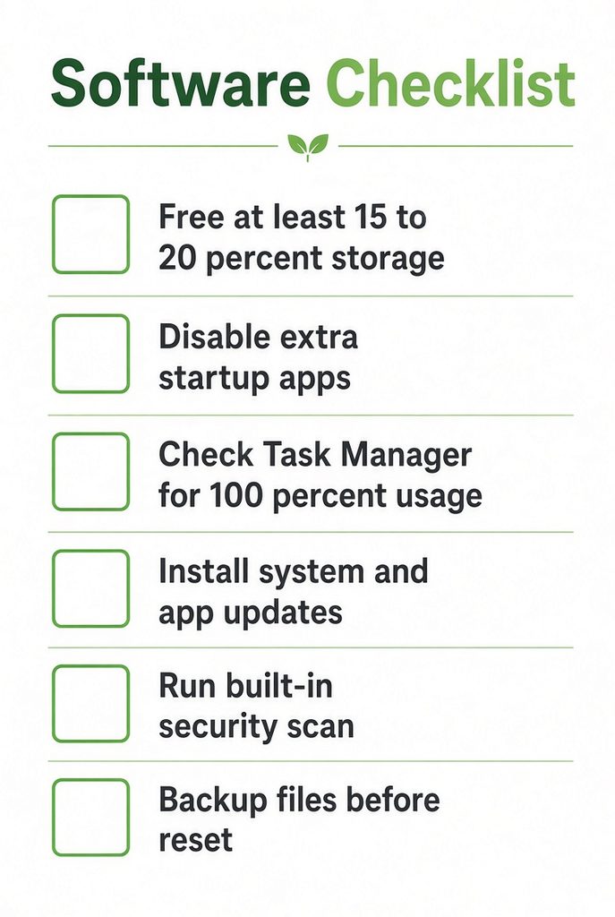 checklist infographic for PC software maintenance steps including freeing storage, disabling startup apps, and running security scans.