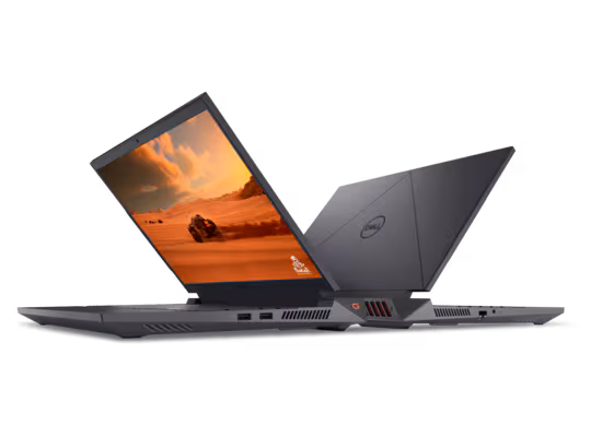 Dell G15 gaming laptop front view displaying a racing game on screen