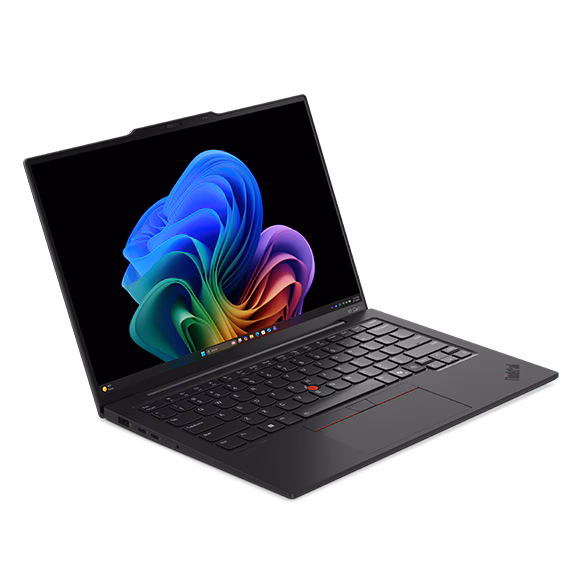 Front-right studio view of the Lenovo ThinkPad X1 Carbon laptop open on a desk showing its iconic red TrackPoint and keyboard layout.