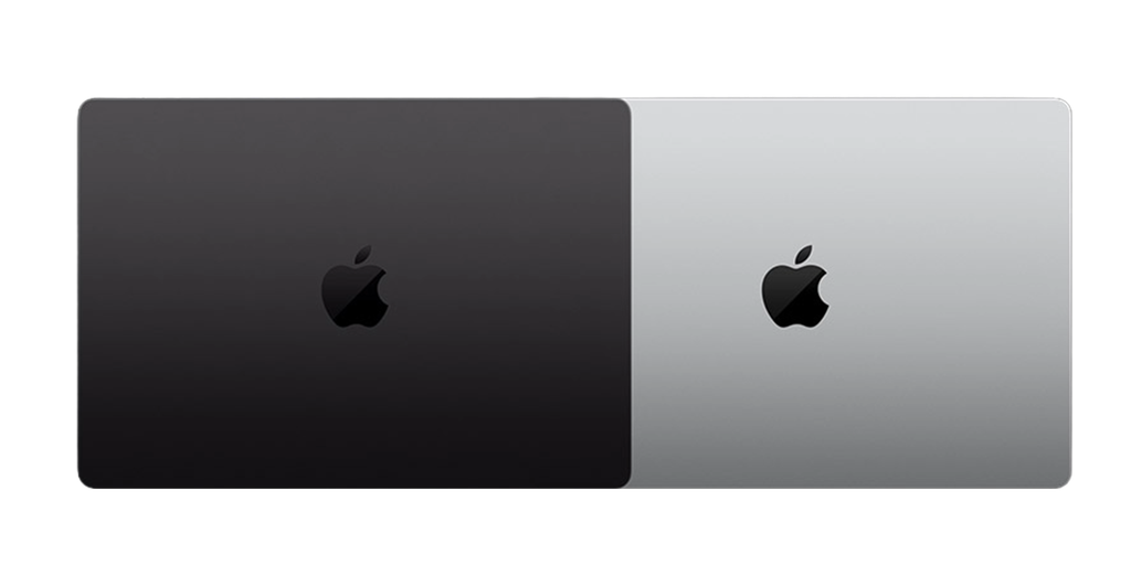 Front-right studio view of the space gray Apple MacBook Pro 16 laptop showing its Liquid Retina XDR display and keyboard layout.