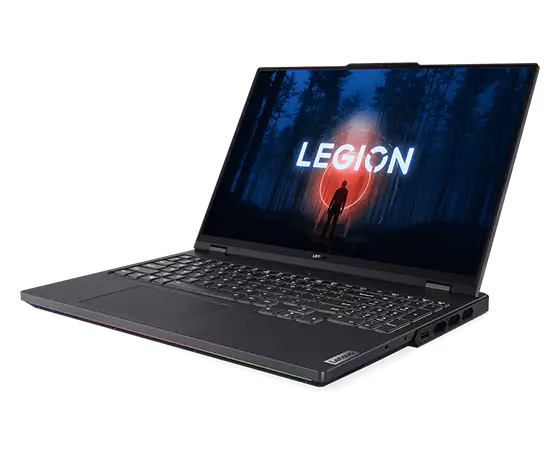 Lenovo Legion Pro 7 gaming laptop displaying technical specifications and design features.