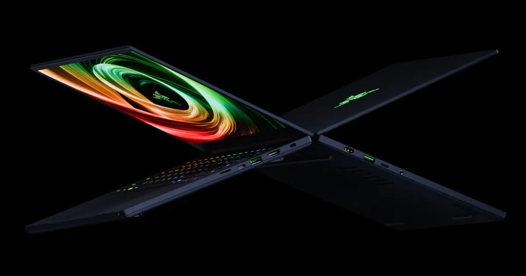 Razer Blade 14 gaming laptop angled top view with RGB backlit keyboard