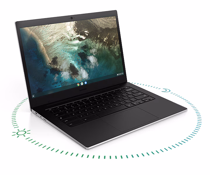 Samsung Galaxy Chromebook Go laptop opened on a modern desk