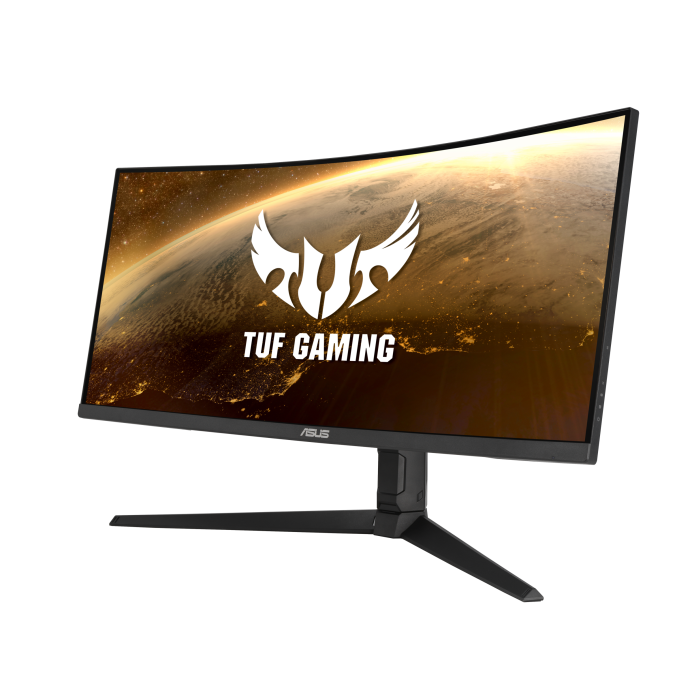 ASUS TUF Gaming series monitor displaying technical specifications and features.