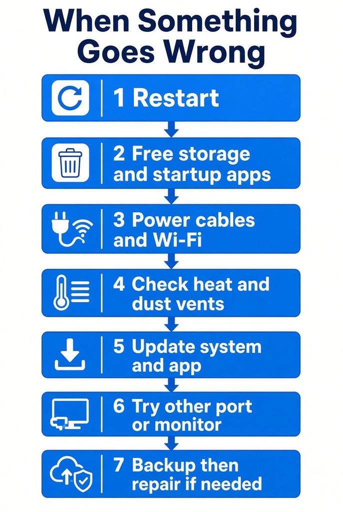 A 7-step troubleshooting flowchart showing what to do when PC issues occur, including restarting, freeing storage, checking cables, cleaning vents, updating software, trying other ports, and backing up data.