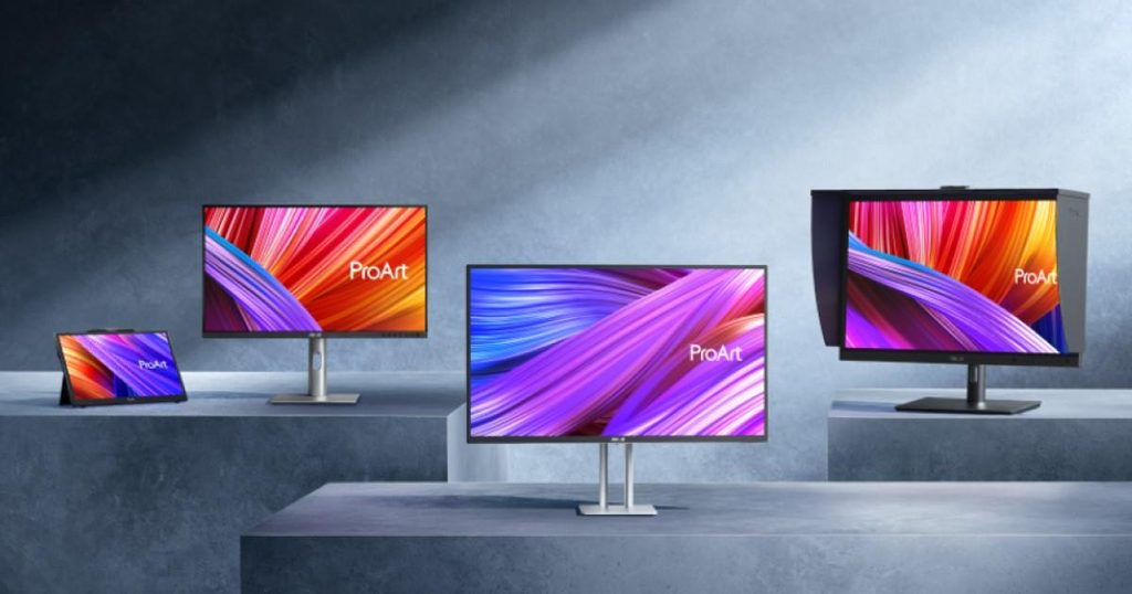 ASUS ProArt series monitor displaying color accuracy and design features.
